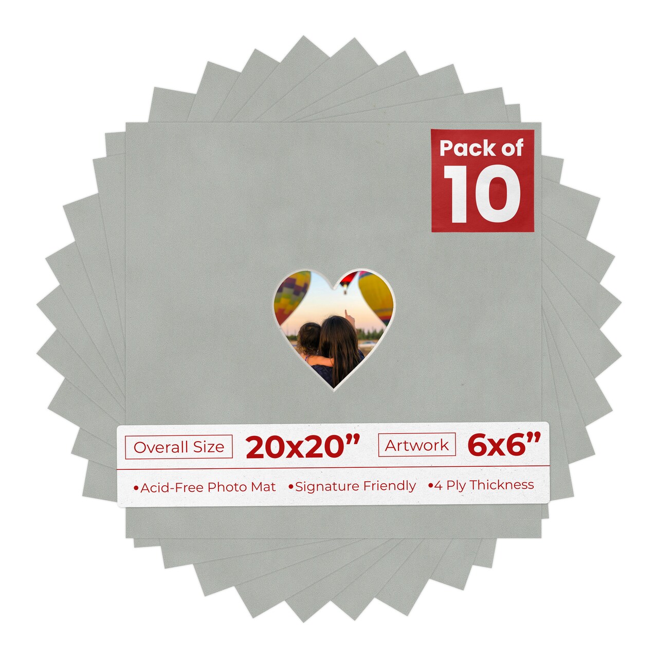 Light Grey Suede Mat Board for 20x20 Frames - Heart Opening for 6x6 Photos
